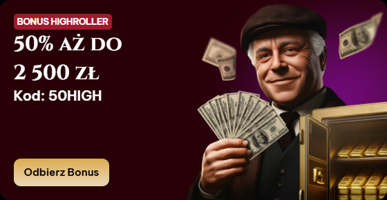 Spinogambino Casino bonus banner: 50% up to 2500zł, code 50HIGH
