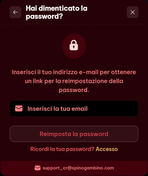 Spinogambino password recovery screen with email input
