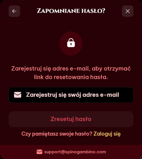 Spinogambino password recovery screen with email input