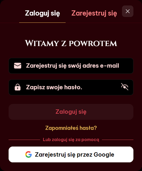 Spinogambino mobile login screen with email and Google sign-in options