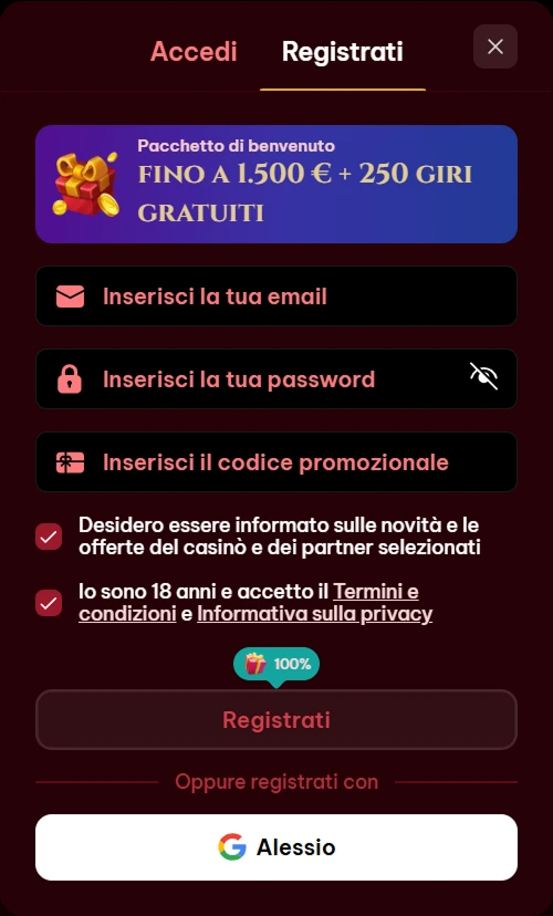 Spinogambino Casino registration screen with bonus offer