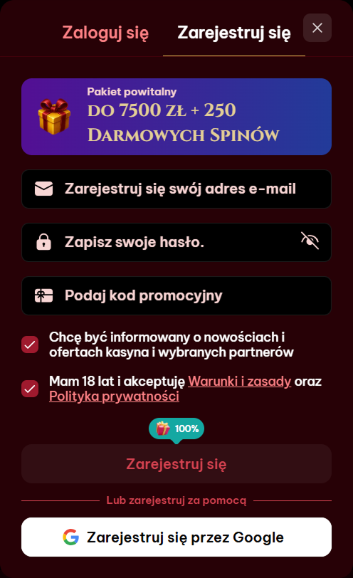 Spinogambino Casino registration form with email and password fields