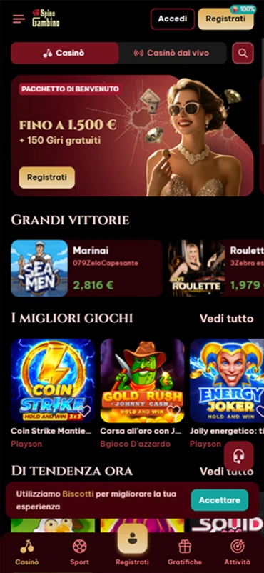 Spinogambino Casino mobile screen with casino lobby, slots, and live casino games