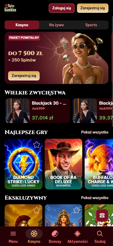 Spinogambino Casino welcome offer: 7500 zł bonus and 250 free spins