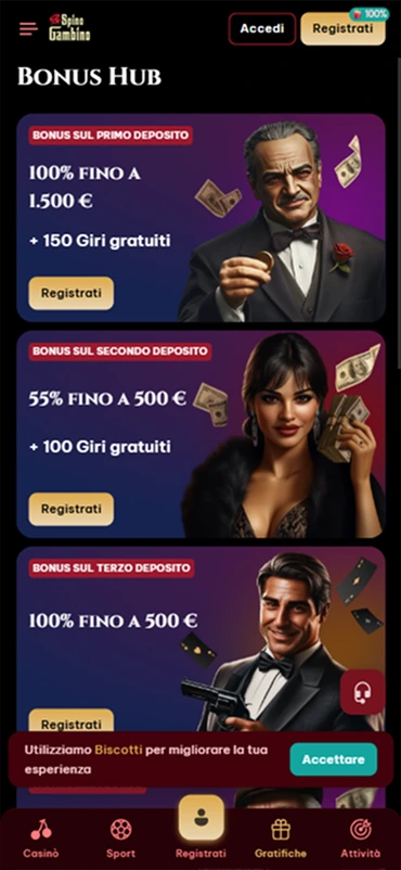 Spinogambino Casino bonus offers: 100% on first deposit, 55% on second, 100% on third