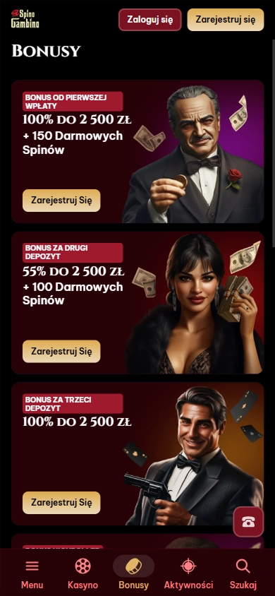 Spinogambino Casino bonus banner with 100% up to 2500 + 150 free spins