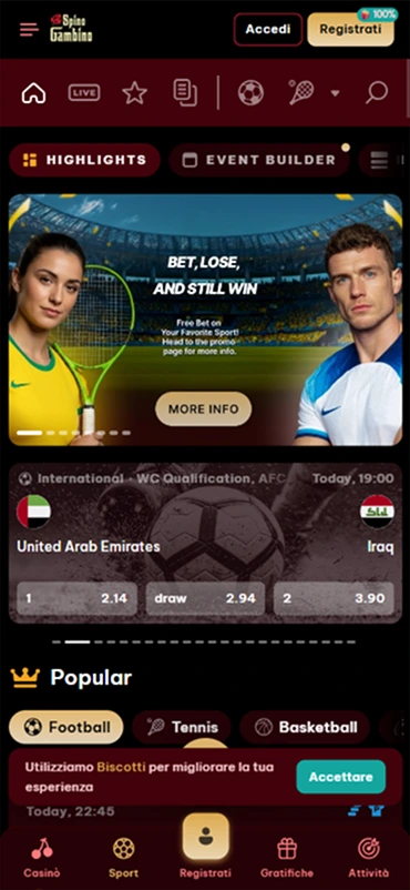 Spinogambino mobile app screenshot showing sports betting odds for UAE vs Iraq
