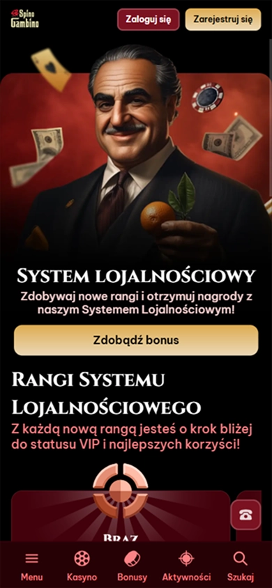Spinogambino Casino loyalty system banner with man and bonus offer