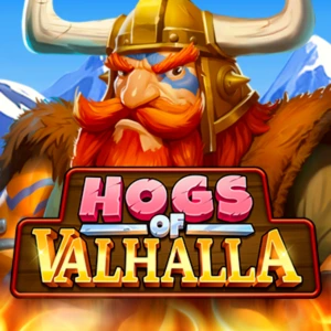 Hogs of Valhalla slot game logo with Viking warrior and fiery background