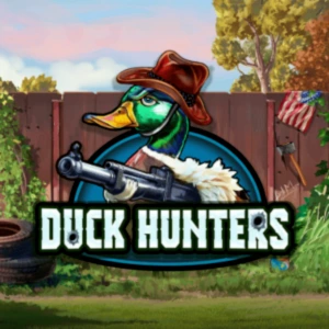 Duck Hunters slot game with a duck wearing a cowboy hat and holding a shotgun